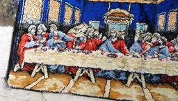 Two last supper wall tapestries. Both in good condition, largest measures 43'' x 19''