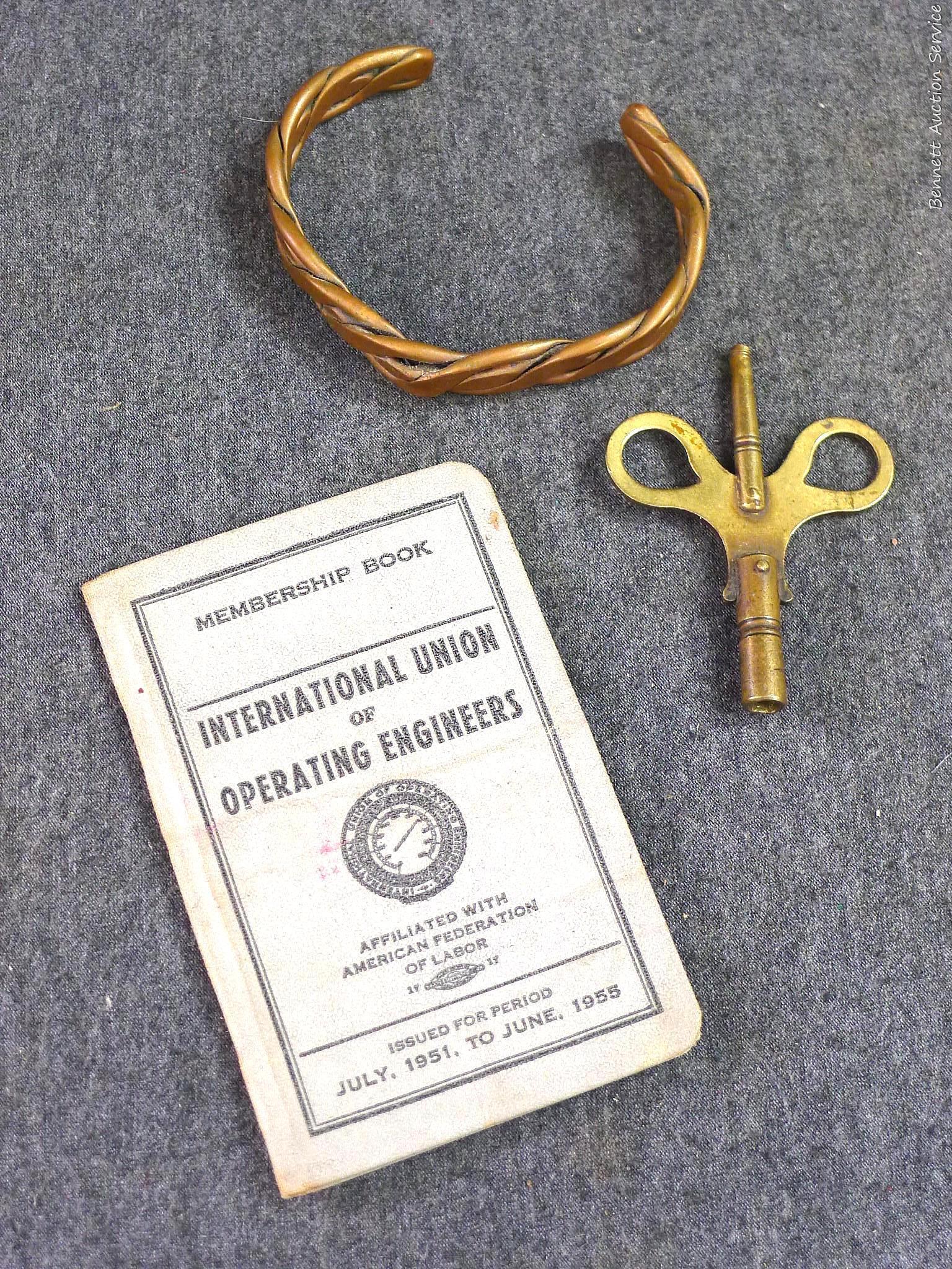 Braided copper cuff style bracelet is 3"; antique clock key; Internation Union of Operating