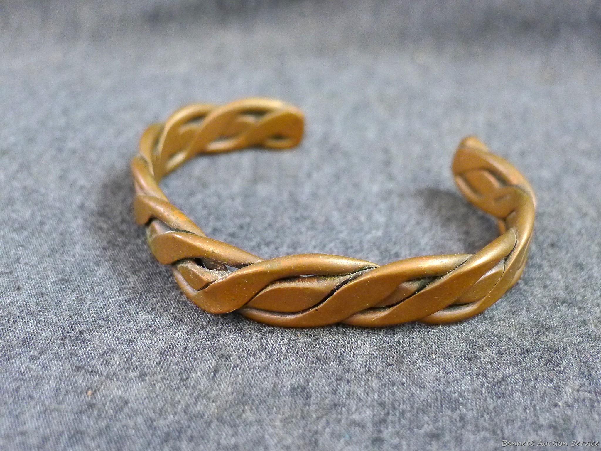 Braided copper cuff style bracelet is 3"; antique clock key; Internation Union of Operating