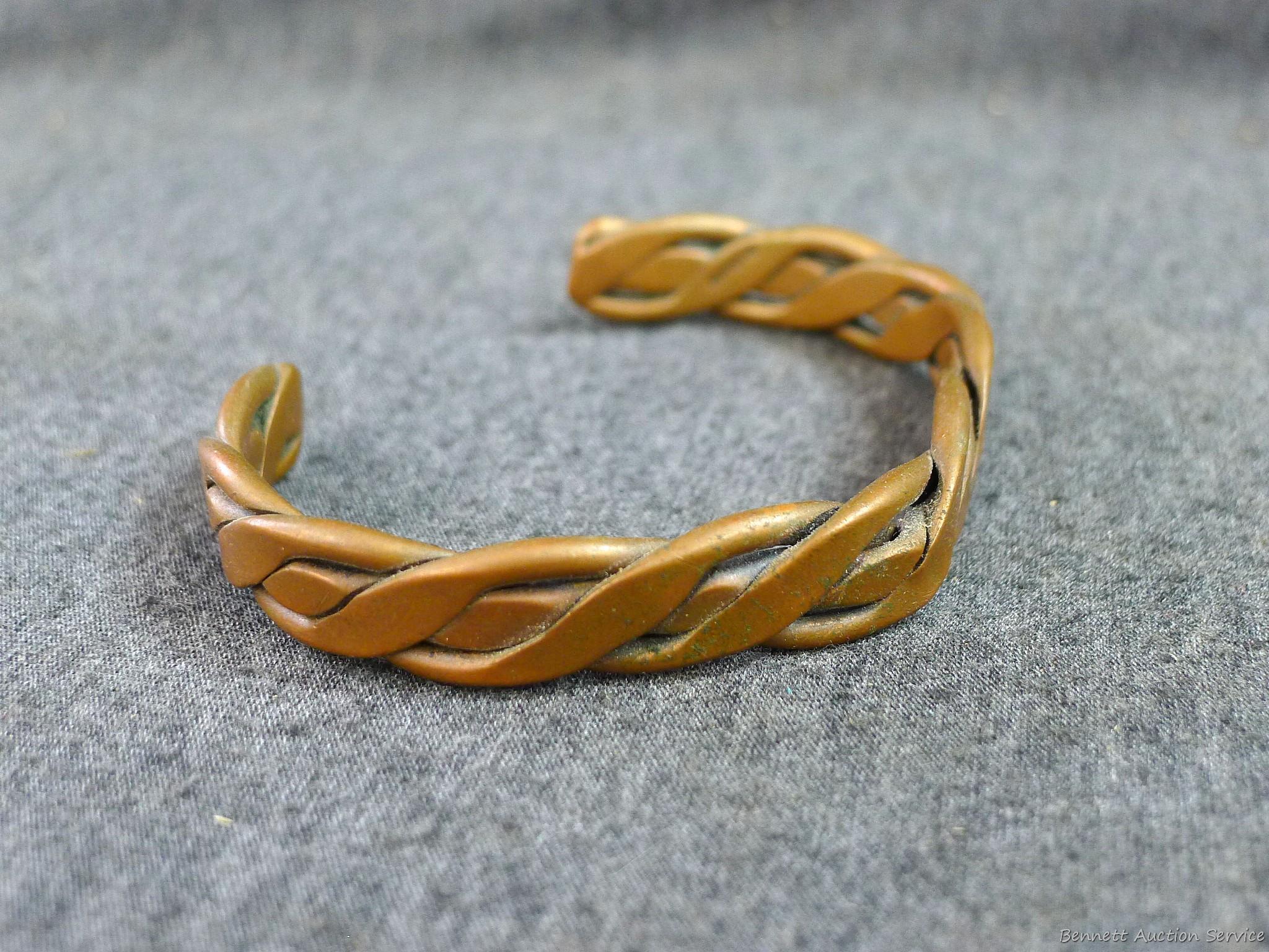 Braided copper cuff style bracelet is 3"; antique clock key; Internation Union of Operating