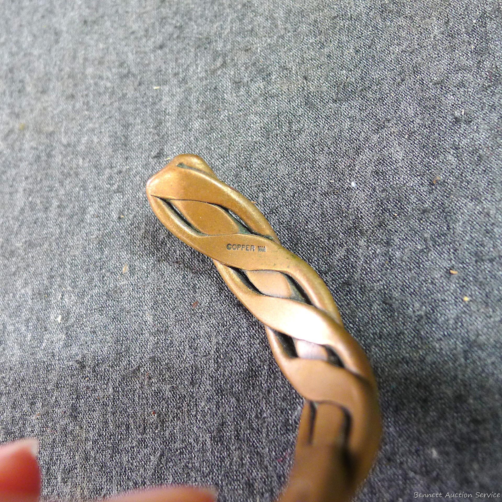 Braided copper cuff style bracelet is 3"; antique clock key; Internation Union of Operating