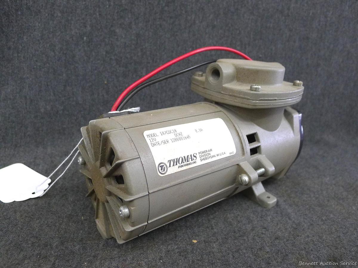 Thomas Model 107CDC18 air compressor/vacuum pump, 12 volt, untested.
