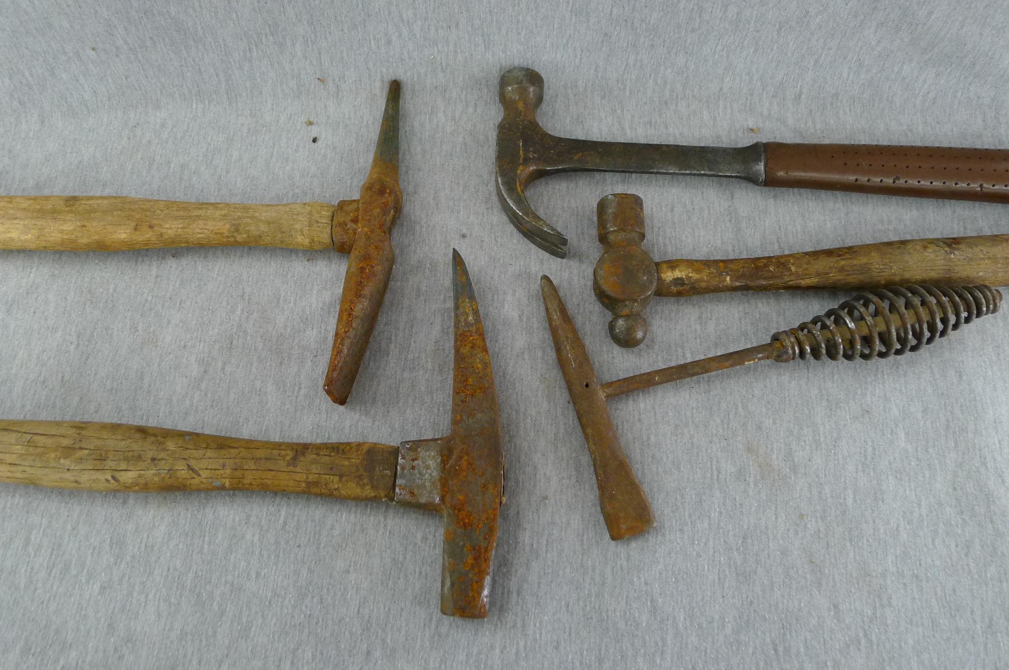 Rock or mountain climber's hammer with 13" handle; ball peen, claw, slag, and other hammers.