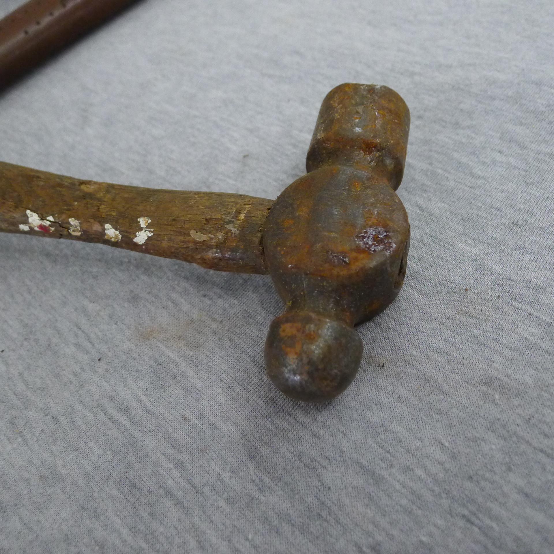 Rock or mountain climber's hammer with 13" handle; ball peen, claw, slag, and other hammers.