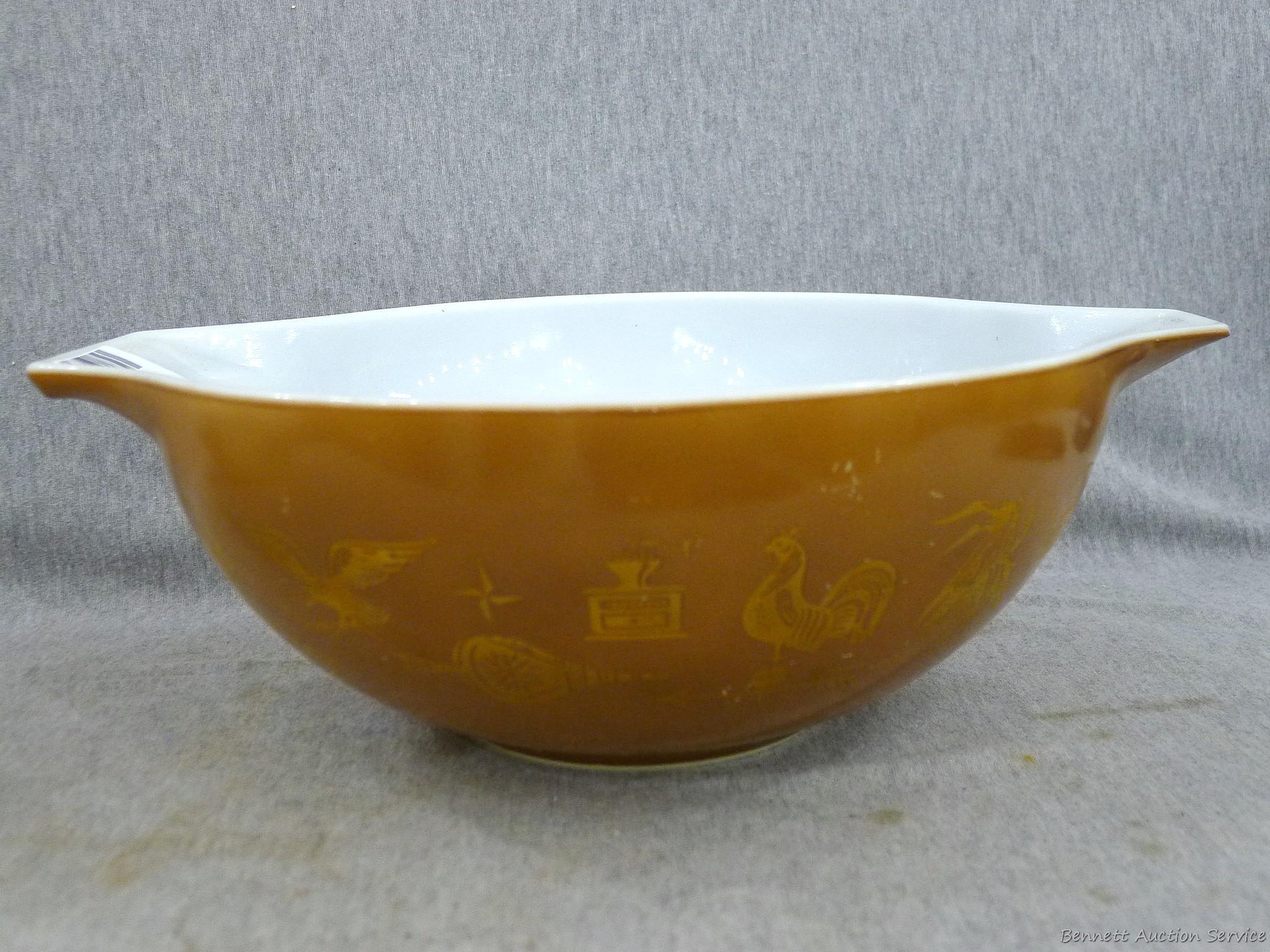 Matching set of 4 Pyrex Early American mixing bowls; largest bowl measures 10" x 13" over handles x