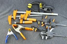 Pair of 16" Jorgenson bar clamps; smaller bar clamps; spring clamps; more.