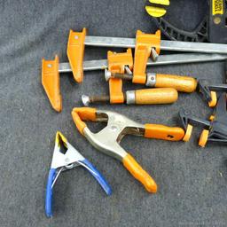 Pair of 16" Jorgenson bar clamps; smaller bar clamps; spring clamps; more.