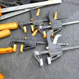 Pair of 16" Jorgenson bar clamps; smaller bar clamps; spring clamps; more.