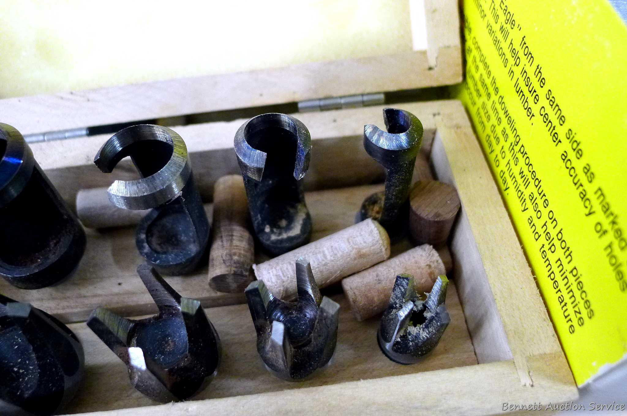 4-3/4" doweling jig with 11 bushings, plug cutters, and a Forstner bit set up to 1". Forstner bits