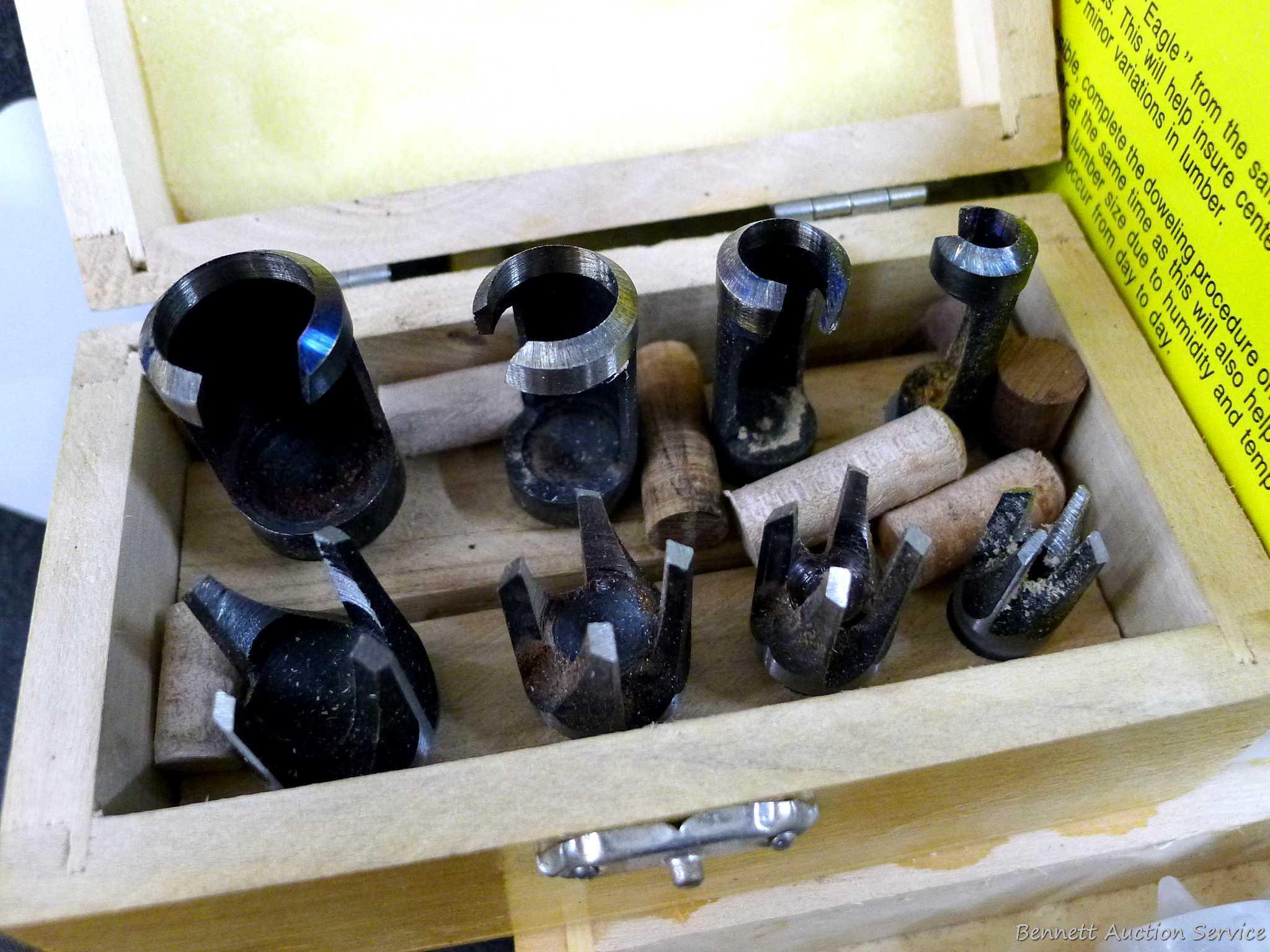 4-3/4" doweling jig with 11 bushings, plug cutters, and a Forstner bit set up to 1". Forstner bits