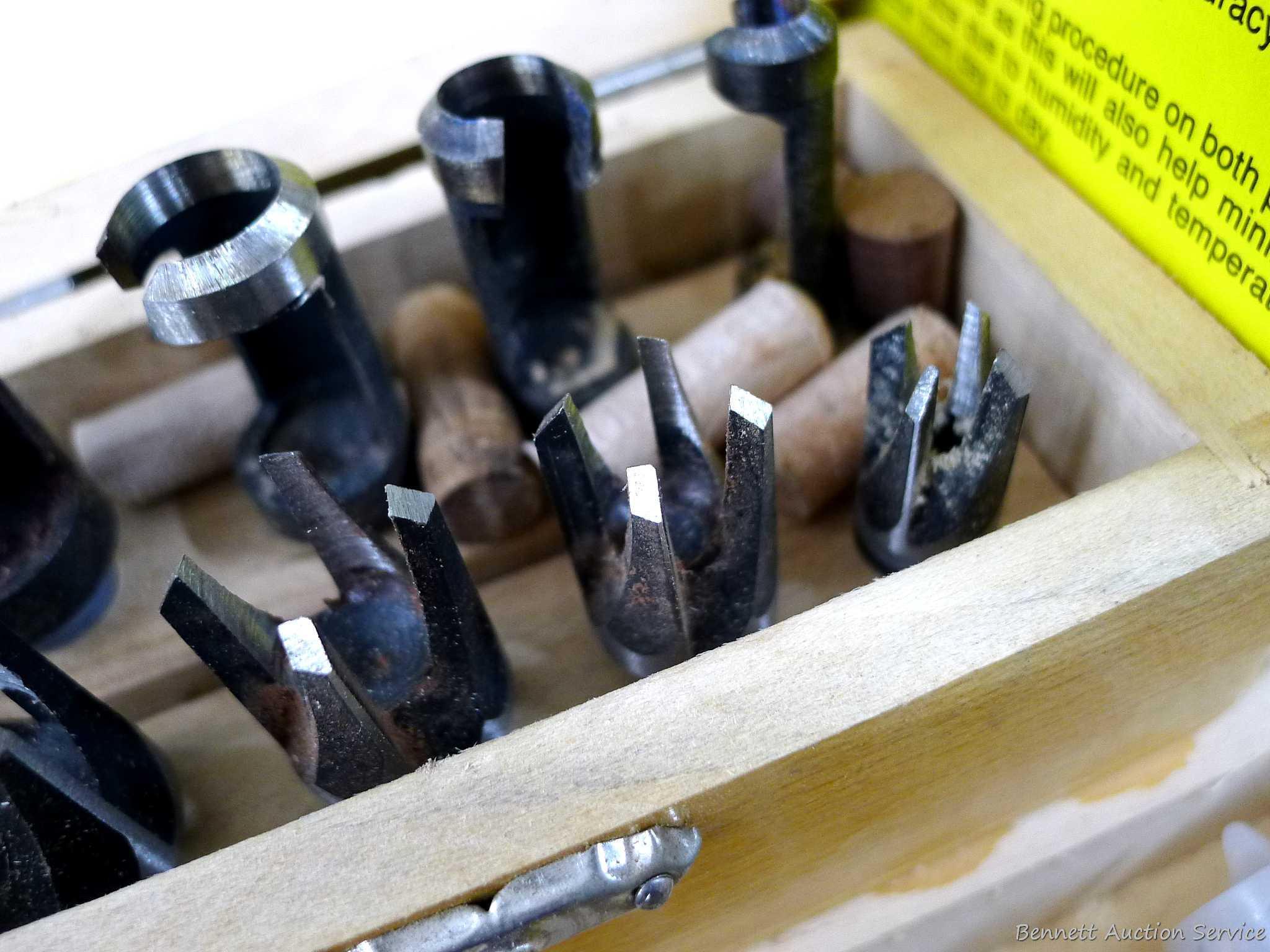 4-3/4" doweling jig with 11 bushings, plug cutters, and a Forstner bit set up to 1". Forstner bits