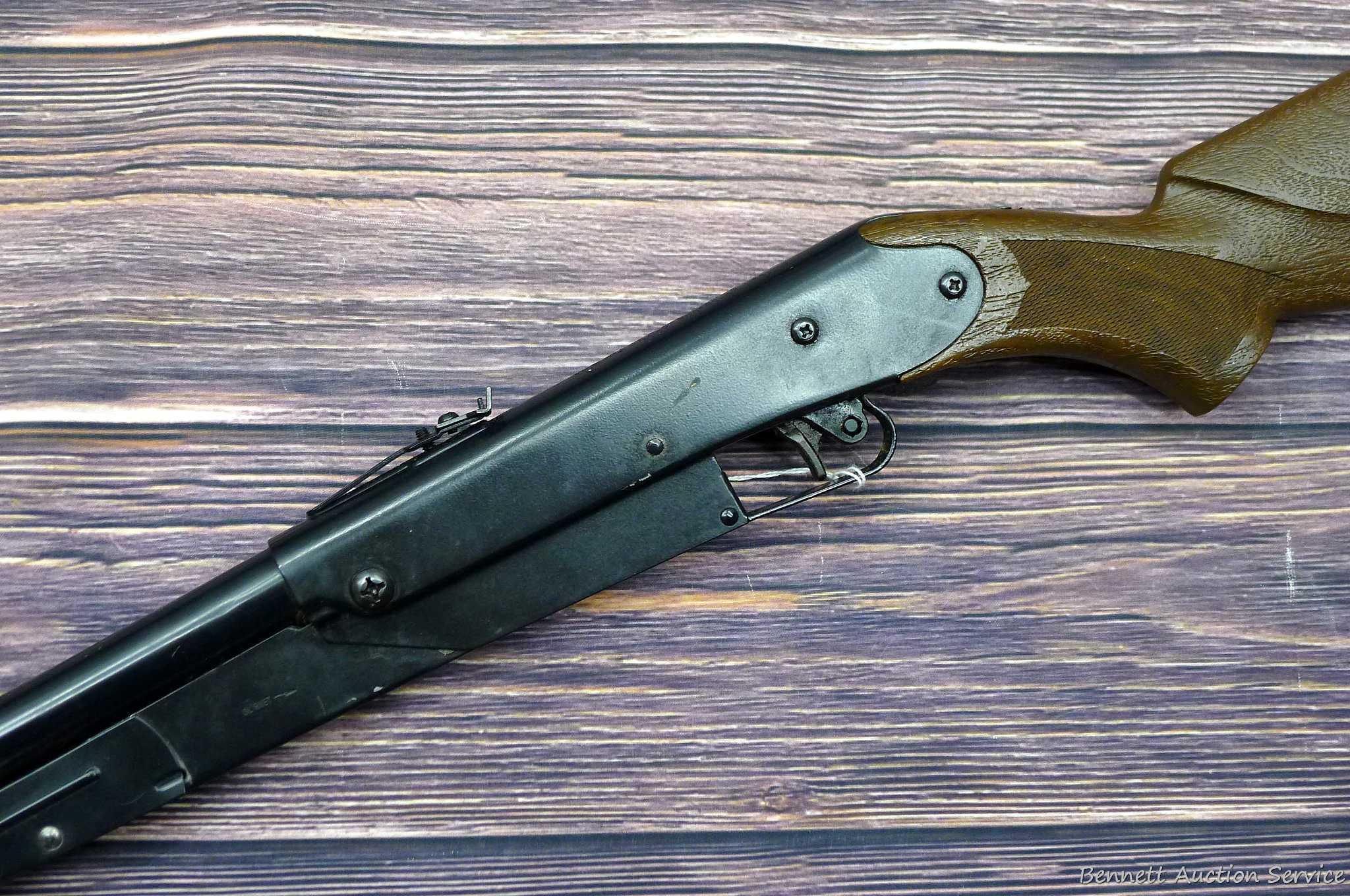 Daisy Model 225 dog-leg pump action BB rifle cocks and discharges. Stocks are sound with no chips or