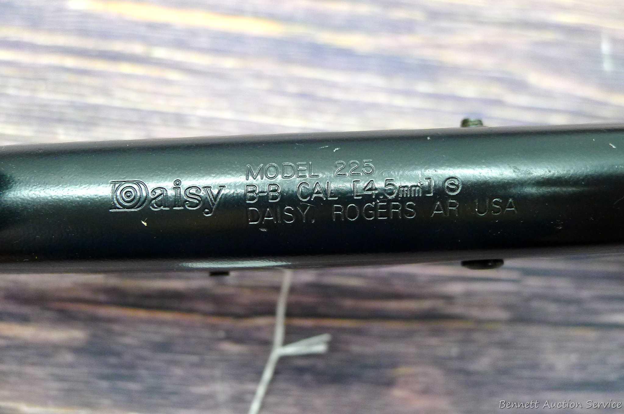 Daisy Model 225 dog-leg pump action BB rifle cocks and discharges. Stocks are sound with no chips or