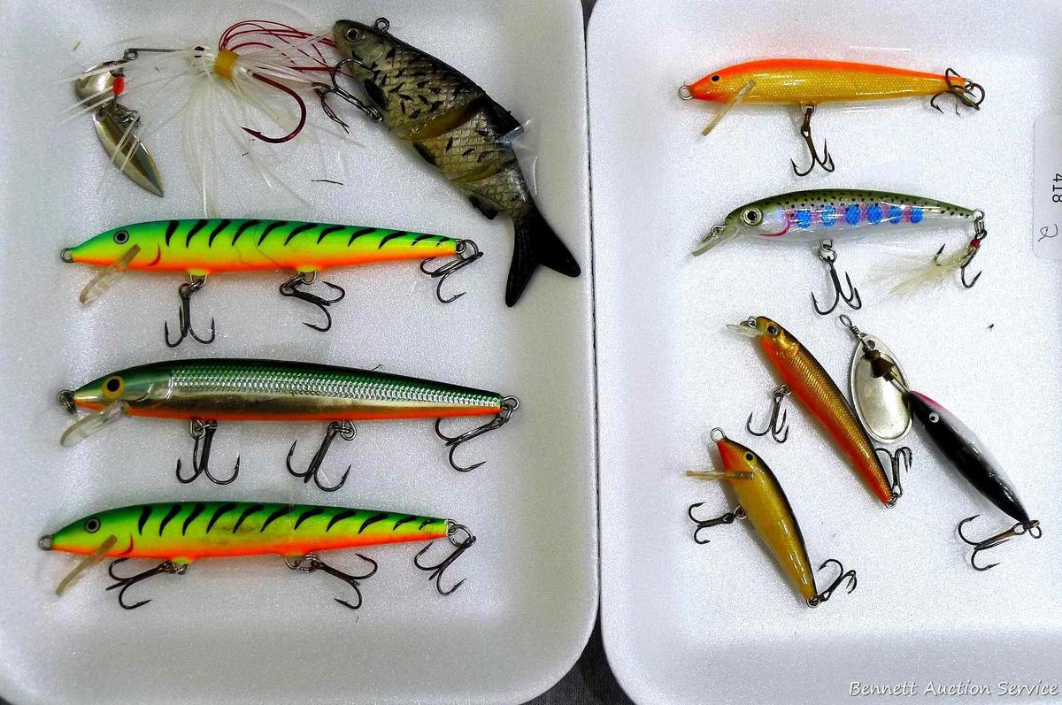 Ten fishing lures up to 5" by Rapala and others.