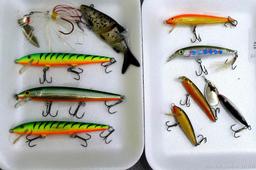 Ten fishing lures up to 5" by Rapala and others.