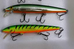 Ten fishing lures up to 5" by Rapala and others.