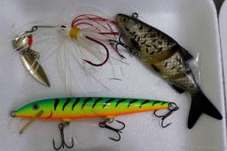 Ten fishing lures up to 5" by Rapala and others.