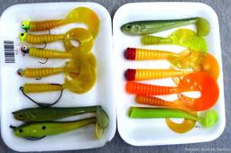 Fourteen soft bodied fishing lures up to 5-1/2".