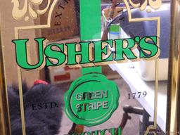 Ushers Green Stripe Scotch mirror is about 15" x 18" over frame. In good condition.