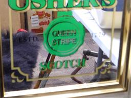 Ushers Green Stripe Scotch mirror is about 15" x 18" over frame. In good condition.