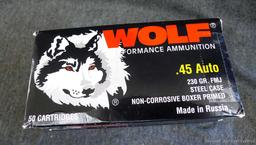 100 rounds of Wolf .45 ACP 230 grain FMJ ammunition