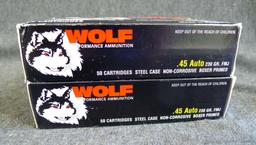 100 rounds of Wolf .45 ACP 230 grain FMJ ammunition