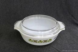 Cute Anchor Hocking dishes with matching pattern, and a couple of complimentary skillets. Largest