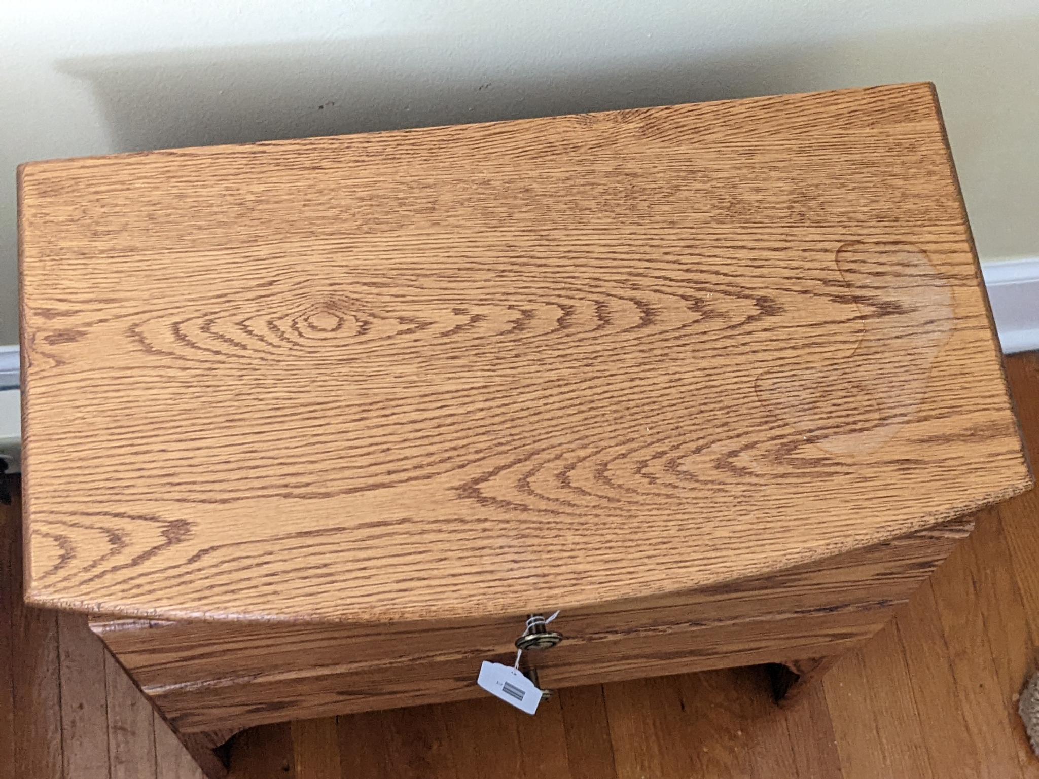 Sweet little nightstand is about 21" x 12" x 23" tall. Faint water mark noted on top, overall good
