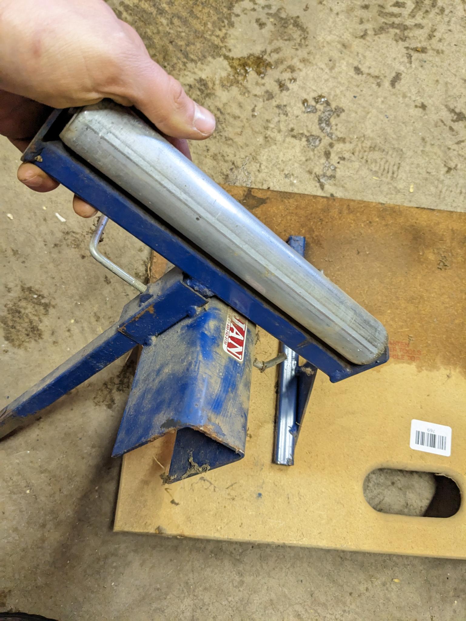 Trojan sawhorse legs, and sawhorse mountable long stock rollers. Rollers approx 10" wide.