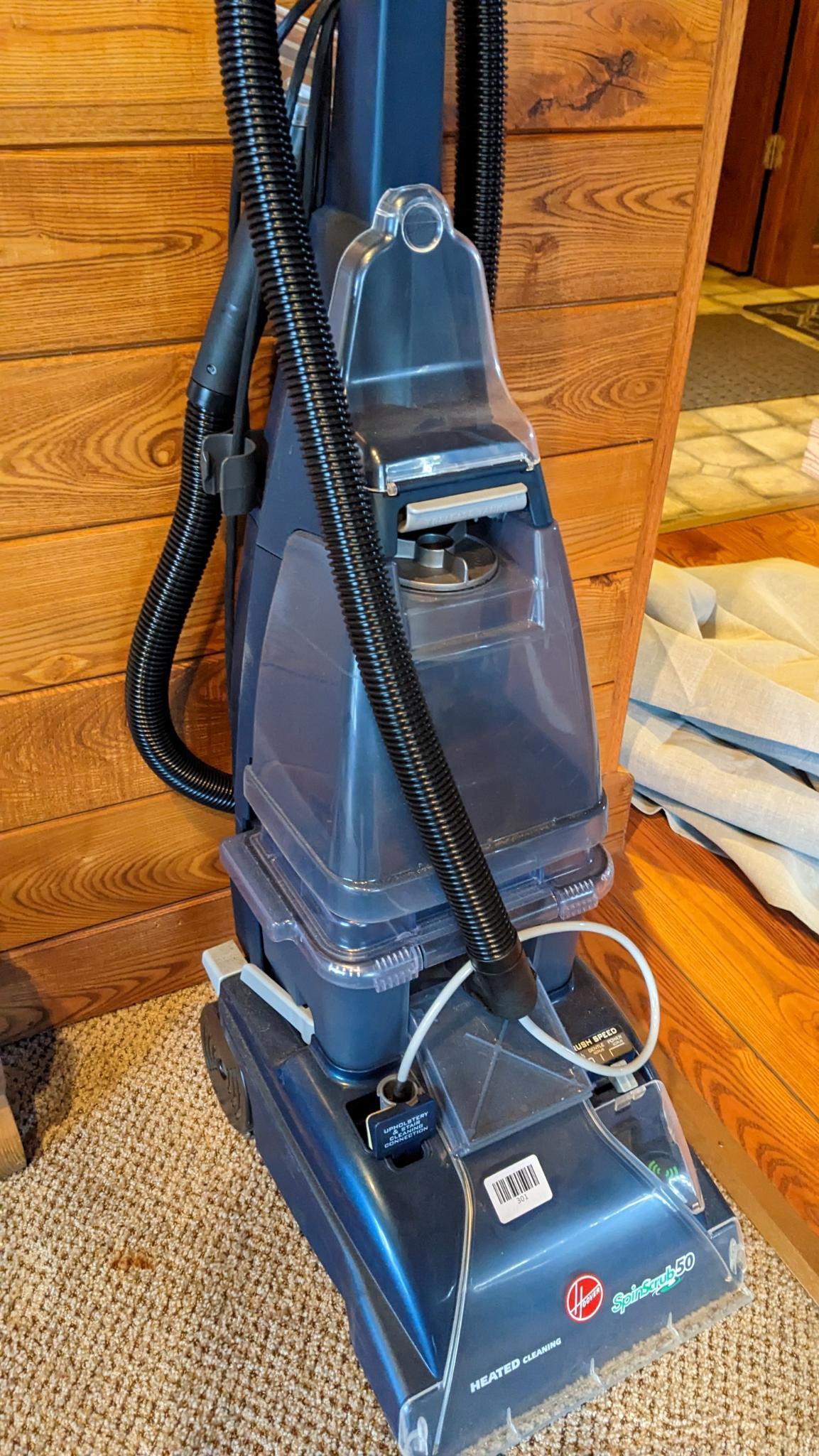 Hoover floor finishing machine features heated cleaning, Spin Scrub 50, upholstery and stain