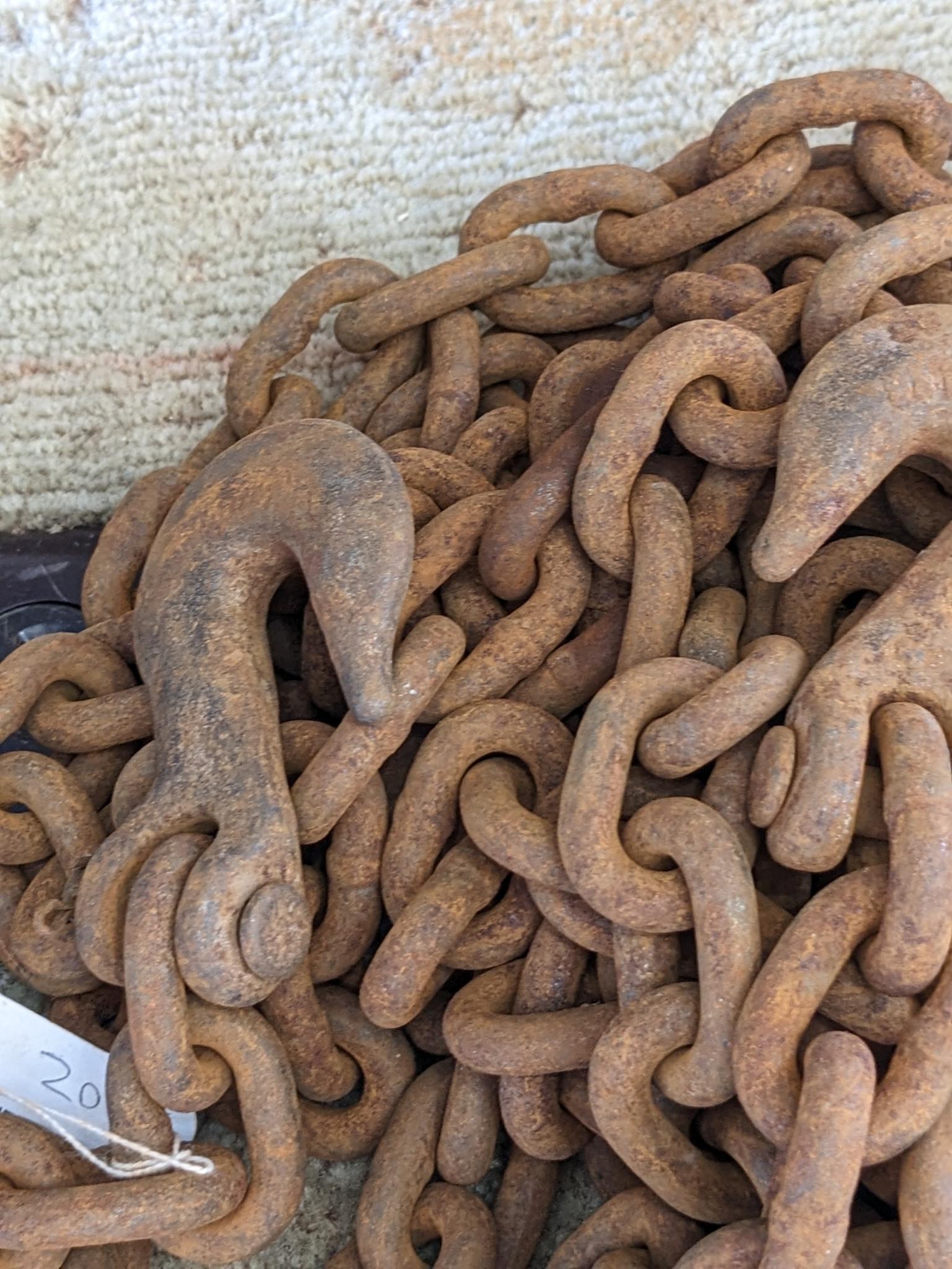 20' of 3/8" chain with 2 grab hooks, no repairs noted.