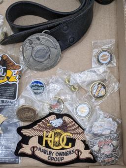Harley-Davidson motorcycle pins, patches, belt, more. incl Tomahawk Fall Ride, Saint Paul, Twin