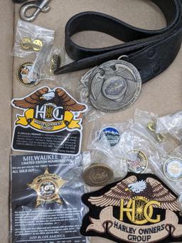 Harley-Davidson motorcycle pins, patches, belt, more. incl Tomahawk Fall Ride, Saint Paul, Twin