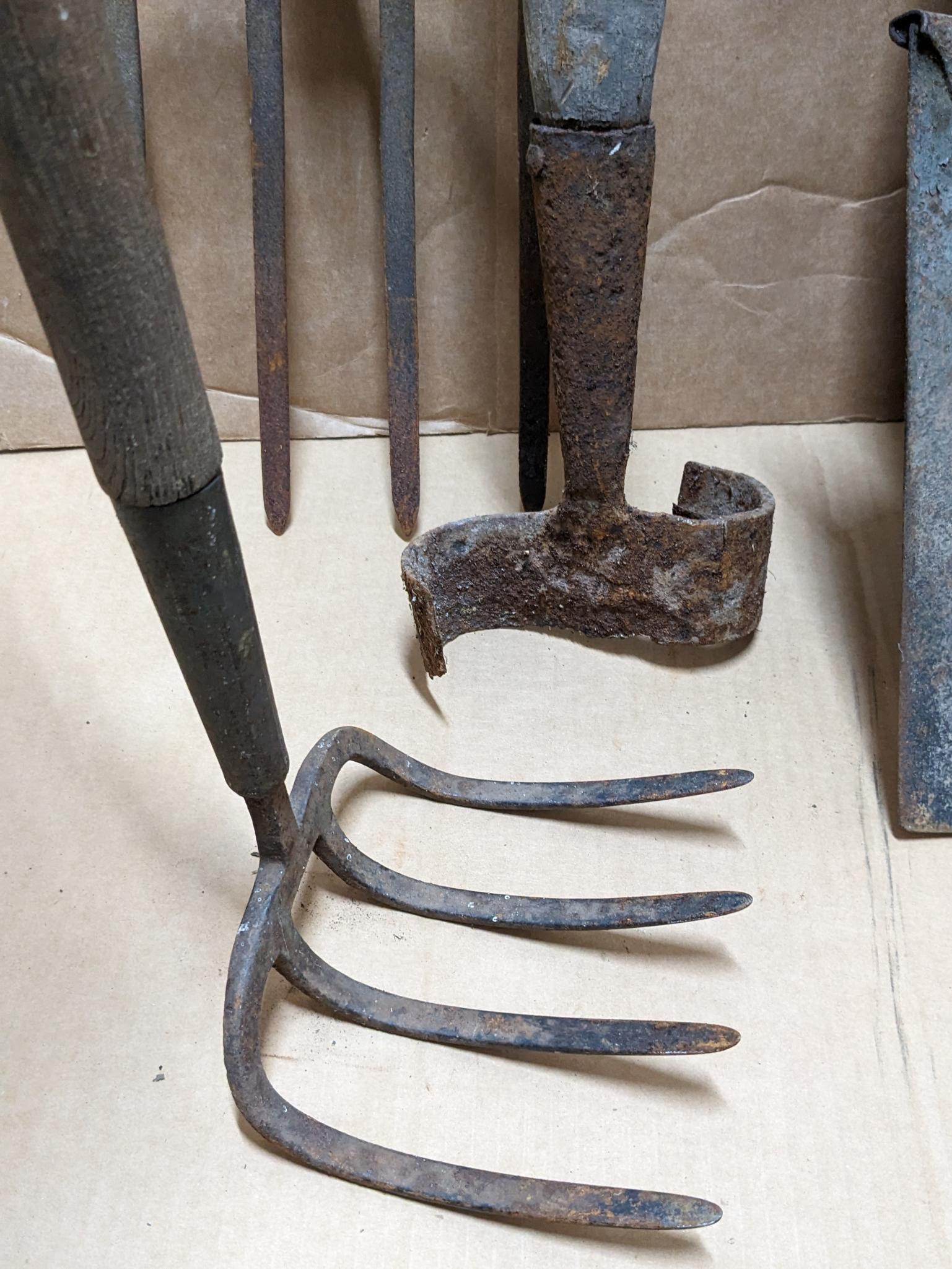 Two potato forks, shovels, more. All the tools have good tight handles.