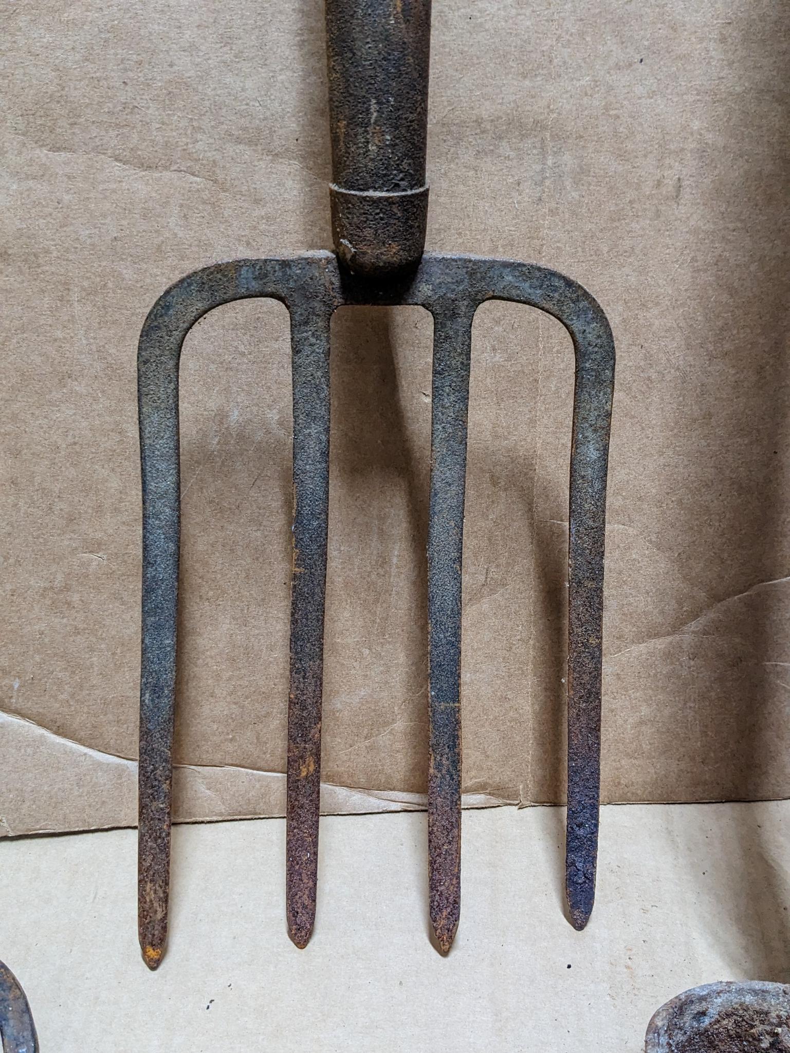 Two potato forks, shovels, more. All the tools have good tight handles.