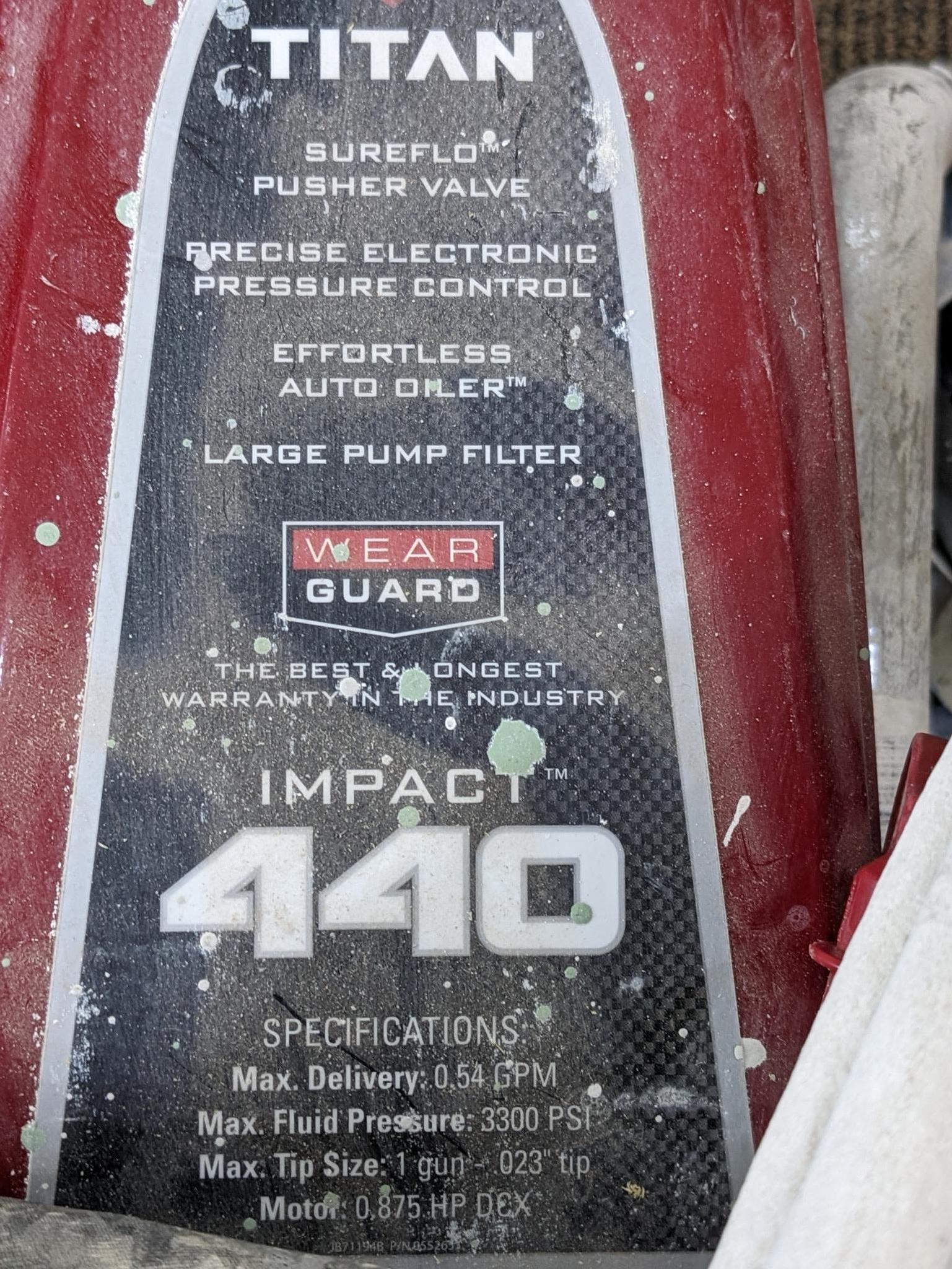 Titan Impact 440 paint sprayer comes with extra Titan reversible tips/seals and approx 45' of hose.