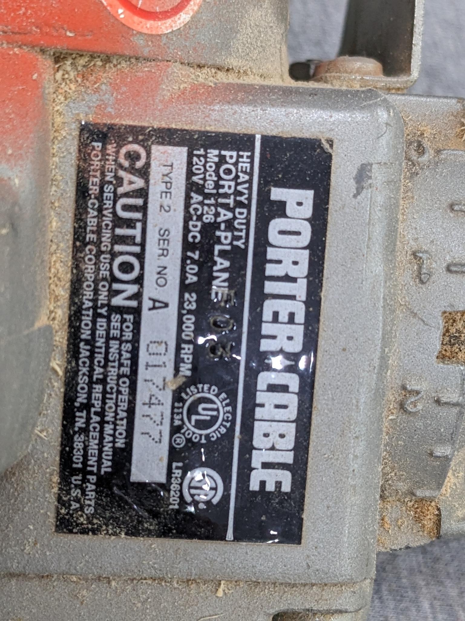 Porter Cable heavy duty Porta-Plane is Model 126. Comes with box, wrench, manual. Runs and cord is