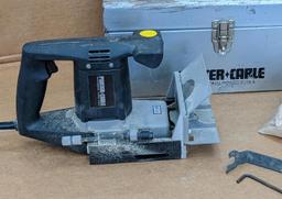 Porter Cable biscuit or joint plate joiner model 555, comes with wrenches, biscuits, and a steel