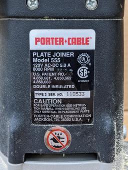 Porter Cable biscuit or joint plate joiner model 555, comes with wrenches, biscuits, and a steel