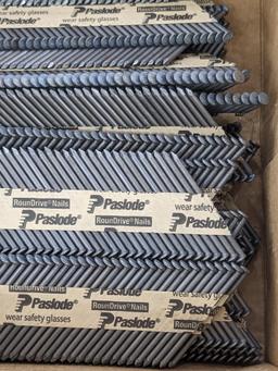 Partial box of Paslode 30 degree smooth shank nails, are 2-3/8" long.