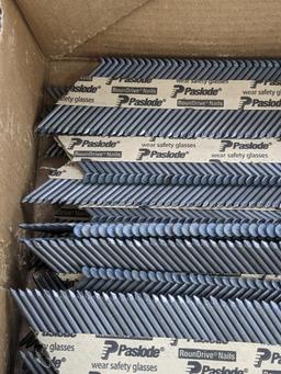 Partial box of Paslode 30 degree smooth shank nails, are 2-3/8" long.