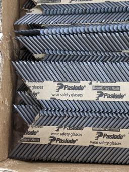 Partial box of Paslode 30 degree smooth shank nails, are 2-3/8" long.