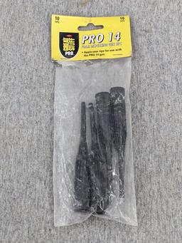 Three foam spraying guns, one labeled Great Stuff pro series 13, comes with four extra tips.