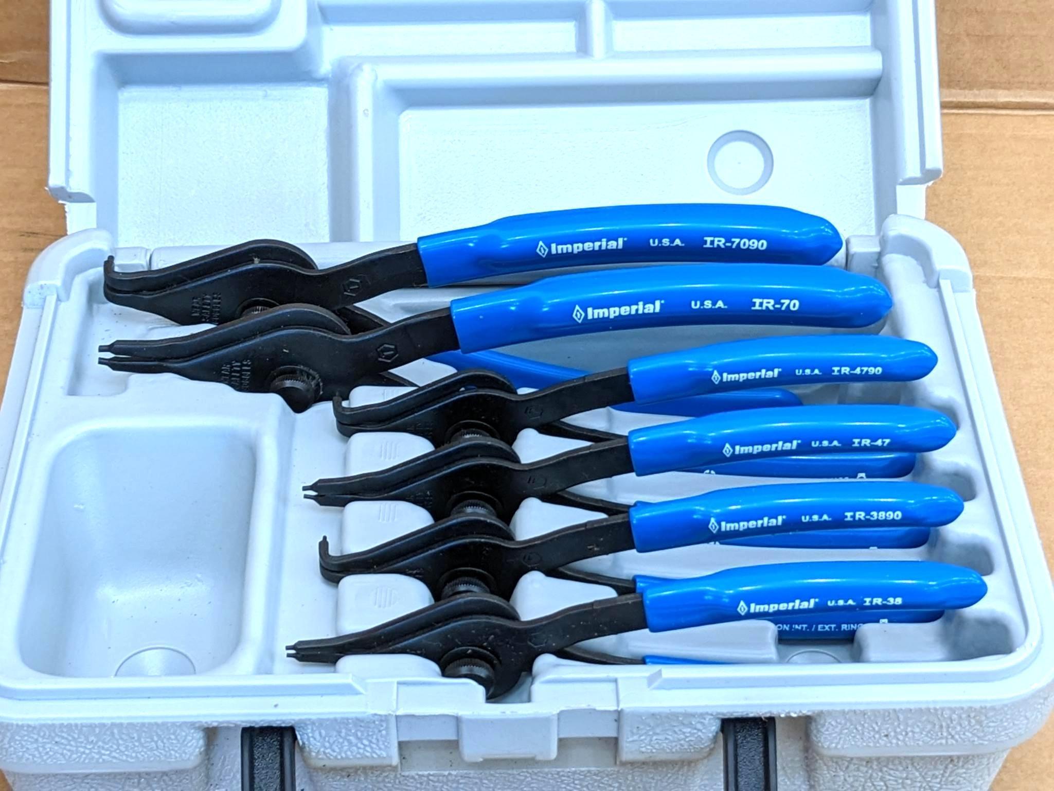 Imperial snap ring plier set incl six pliers and is Model No. IR-090K. In good condition with case.