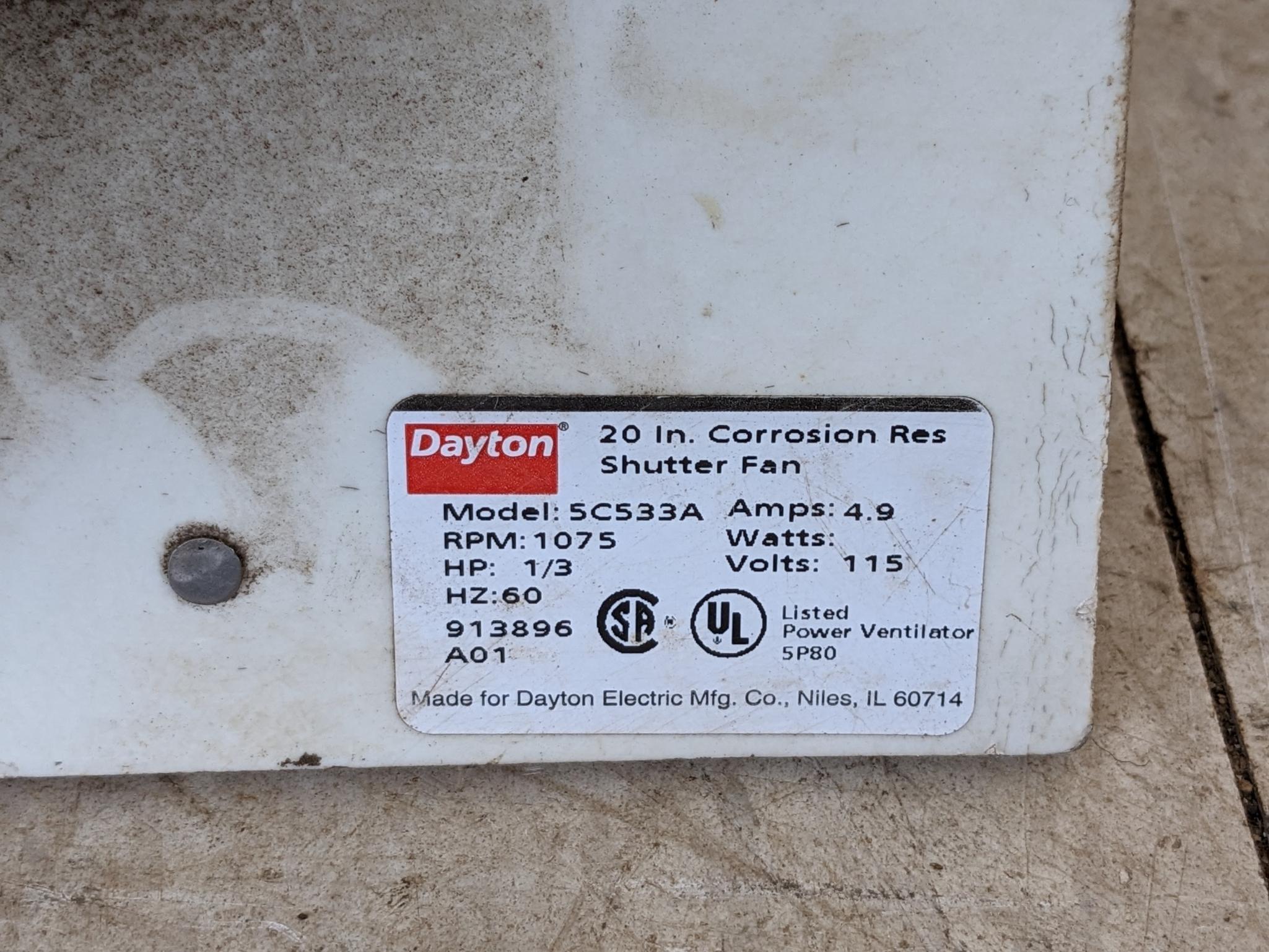 Dayton ventilation fan measures 23"x23" overall, all the louvers appear in good condition and has a