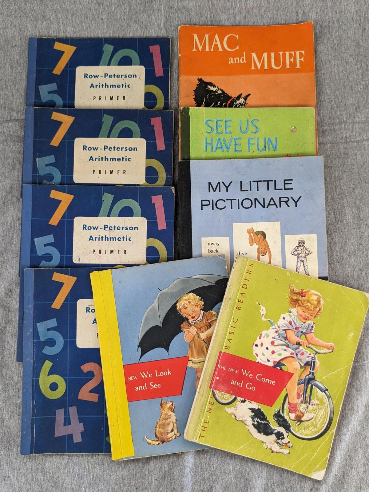Vintage beginners reading and Row-Peterson Arithmetic primers, including "Mac and Muff", "See Us