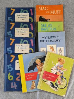 Vintage beginners reading and Row-Peterson Arithmetic primers, including "Mac and Muff", "See Us
