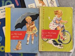 Vintage beginners reading and Row-Peterson Arithmetic primers, including "Mac and Muff", "See Us