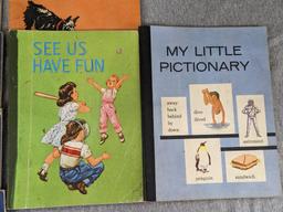 Vintage beginners reading and Row-Peterson Arithmetic primers, including "Mac and Muff", "See Us
