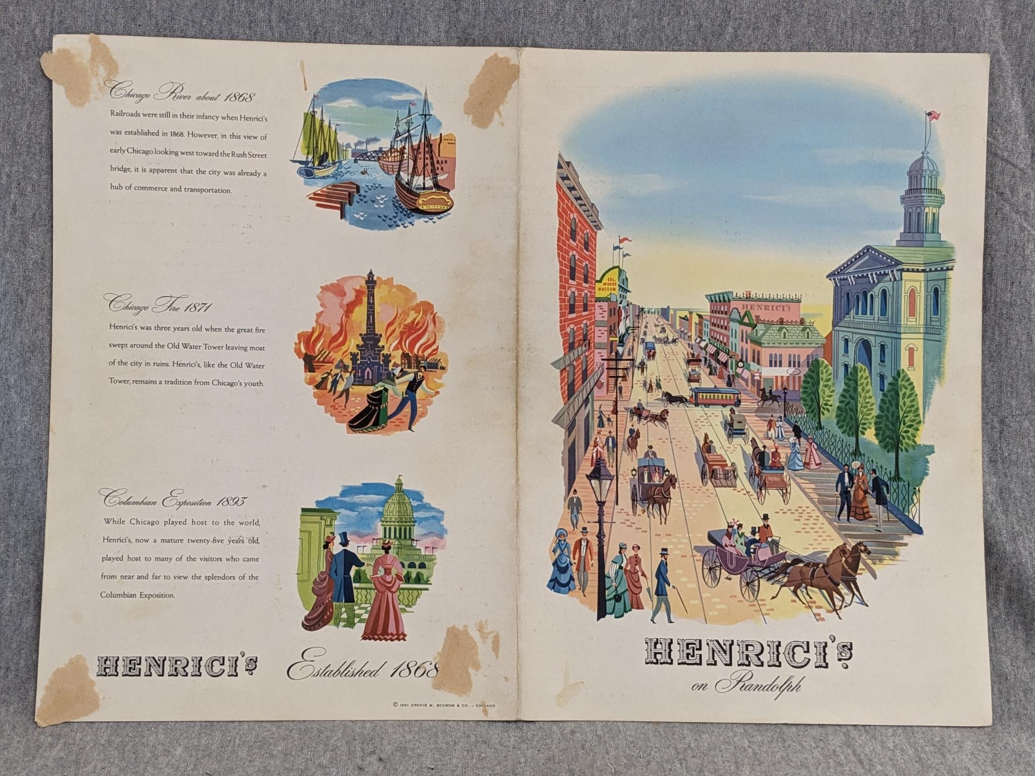 Theatre Playboard "Redhead", Hercules Cortez poster, Henrici on Randolph menu form 1951, Dennis the